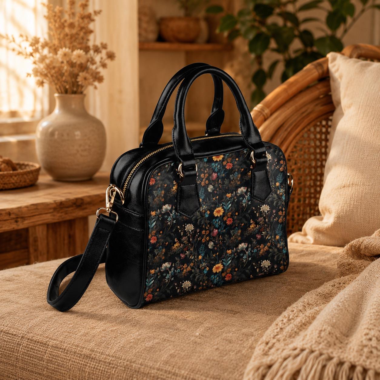 Dark Floral Satchel, Witchy Botanical Handbag, Cottagecore Purse