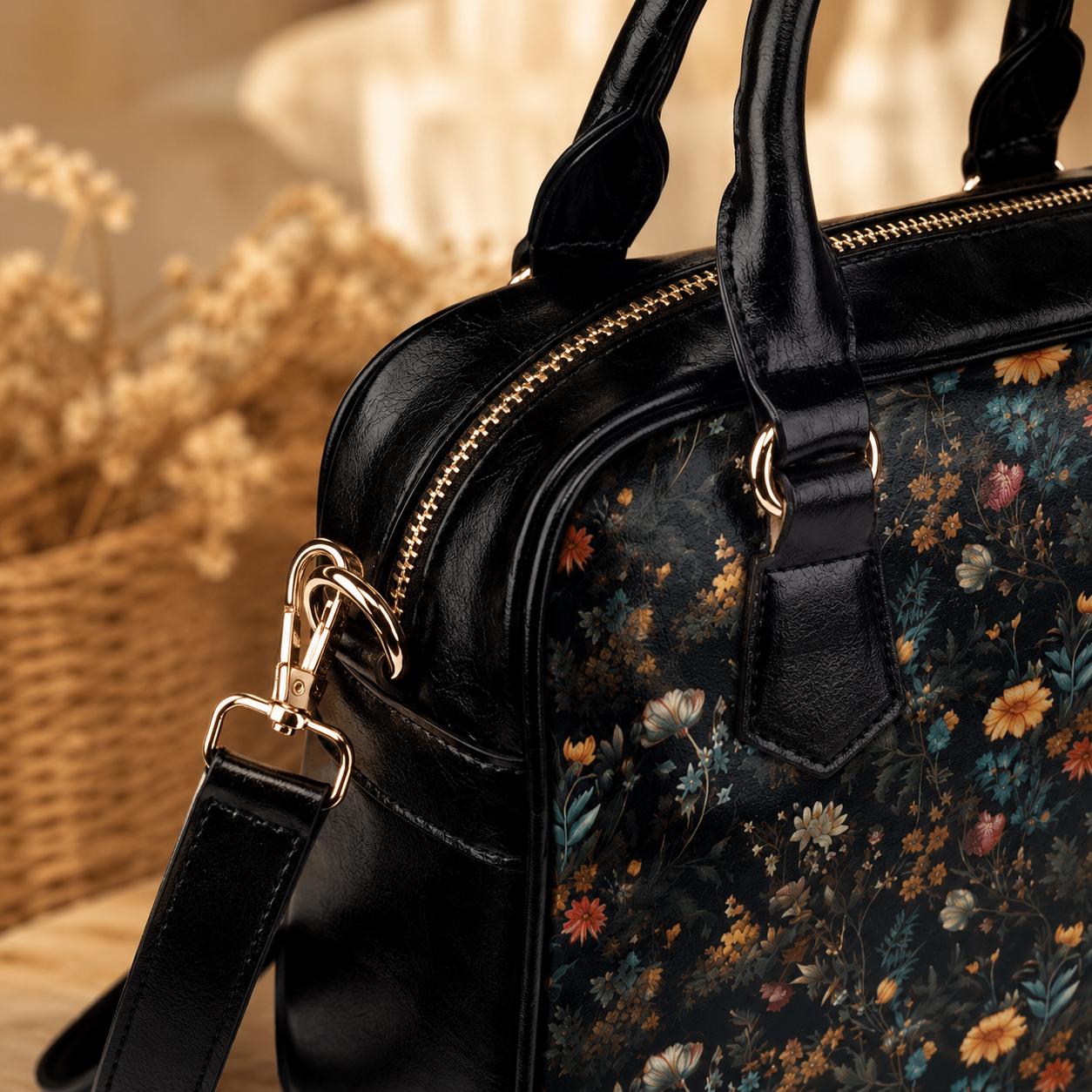 Dark Floral Satchel, Witchy Botanical Handbag, Cottagecore Purse