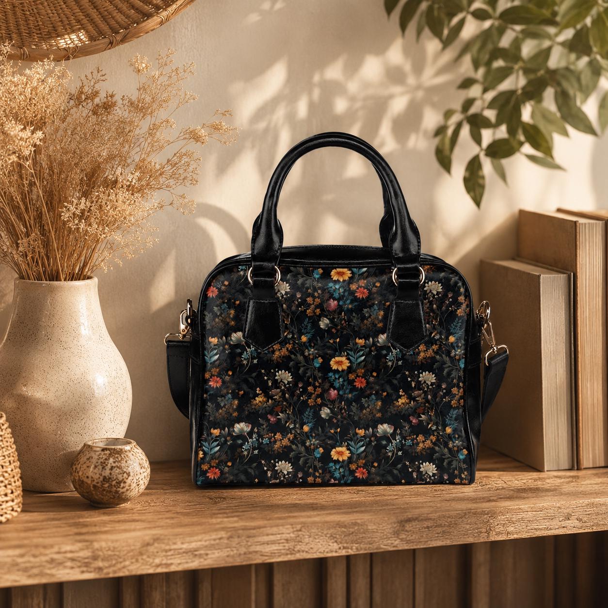 Dark Floral Satchel, Witchy Botanical Handbag, Cottagecore Purse