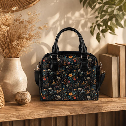 Dark Floral Satchel, Witchy Botanical Handbag, Cottagecore Purse