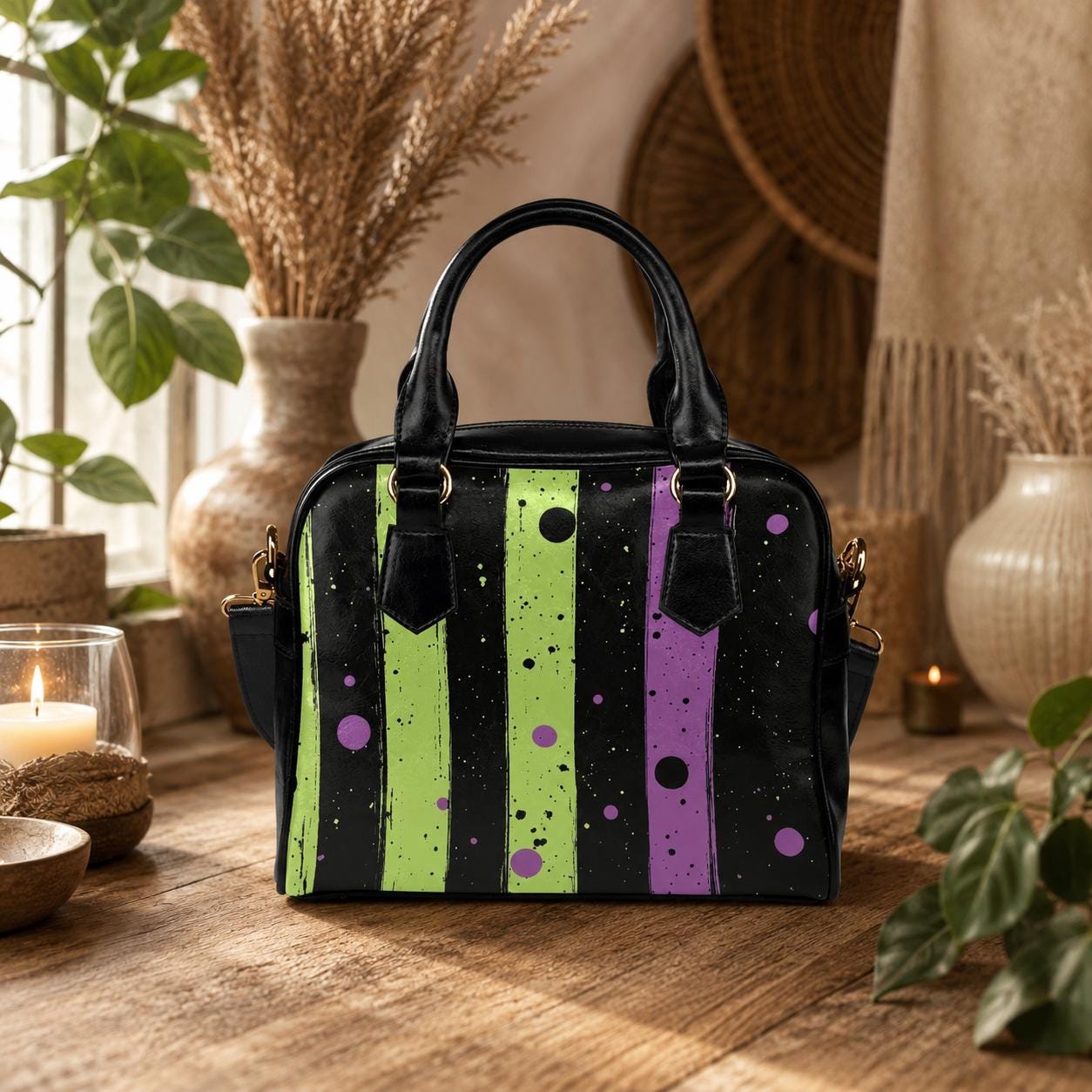 Halloween Stripe Purse, Gothic Top Handle Bag, Lime Purple Crossbody Handbag