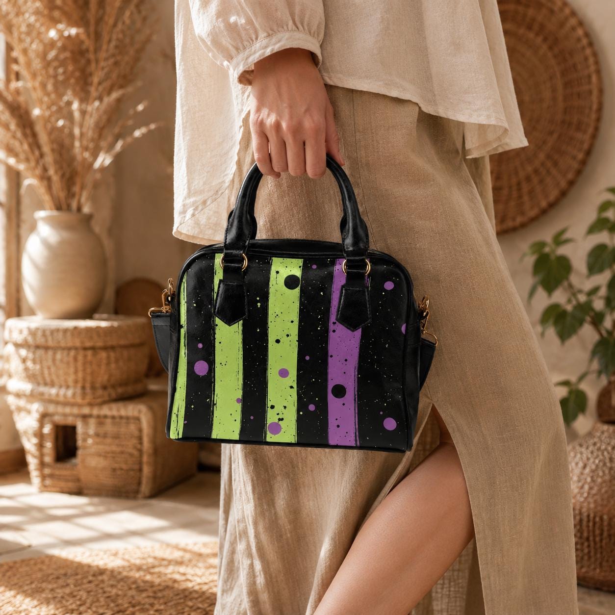Halloween Stripe Purse, Gothic Top Handle Bag, Lime Purple Crossbody Handbag