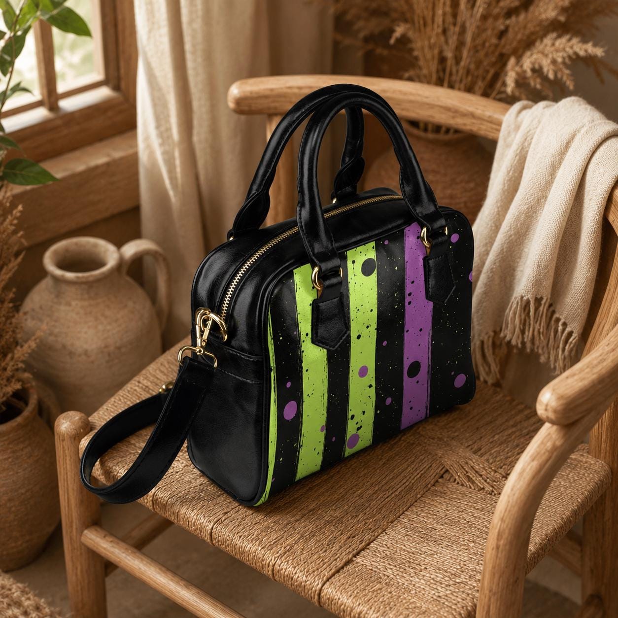 Halloween Stripe Purse, Gothic Top Handle Bag, Lime Purple Crossbody Handbag