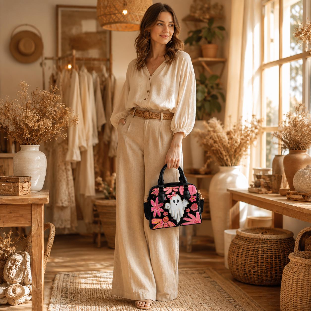 Pink Ghost Purse, Coquette Spooky Handbag, Floral Pumpkin Top Handle Bag