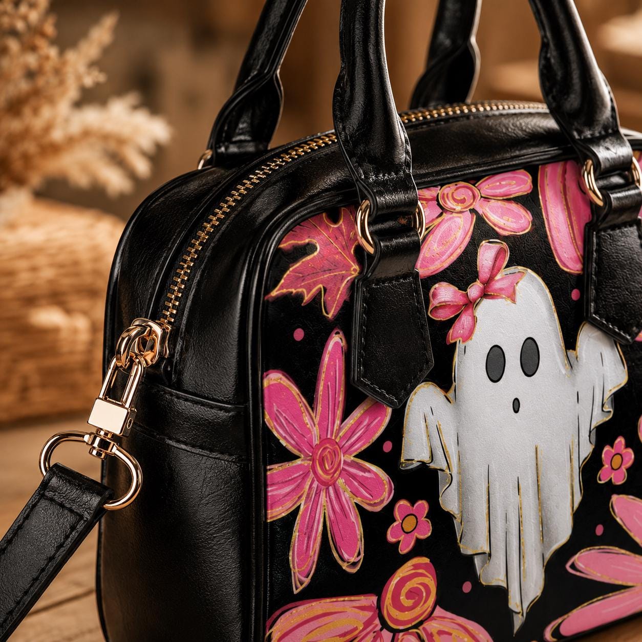 Pink Ghost Purse, Coquette Spooky Handbag, Floral Pumpkin Top Handle Bag