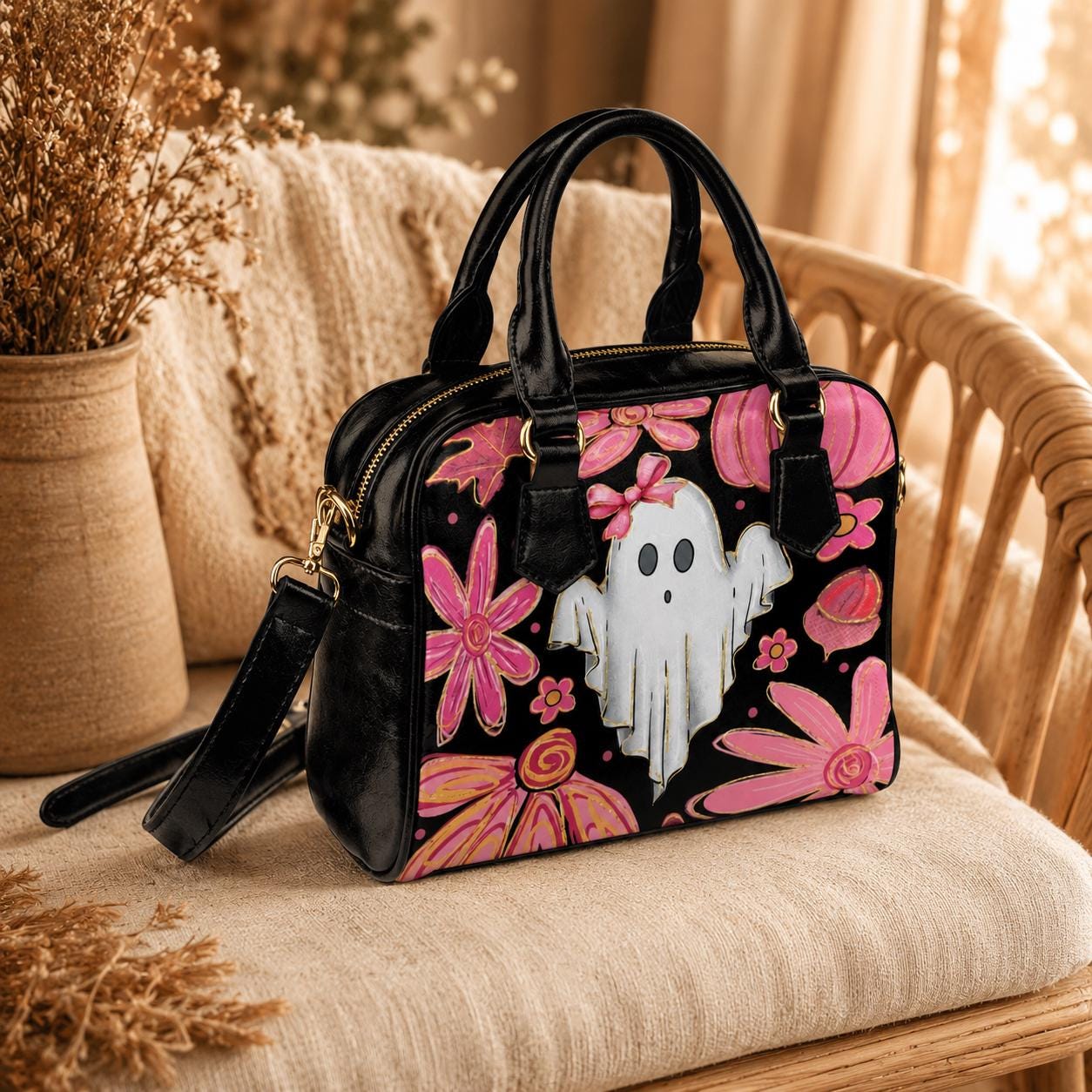 Pink Ghost Purse, Coquette Spooky Handbag, Floral Pumpkin Top Handle Bag