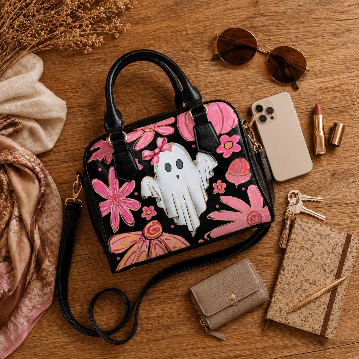 Pink Ghost Purse, Coquette Spooky Handbag, Floral Pumpkin Top Handle Bag