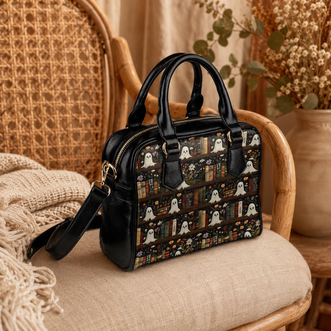 Ghost Bookshelf Handbag, Spooky Book Lover Purse, Gothic Librarian Satchel