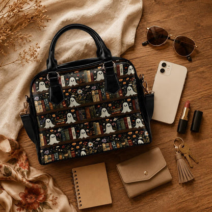 Ghost Bookshelf Handbag, Spooky Book Lover Purse, Gothic Librarian Satchel