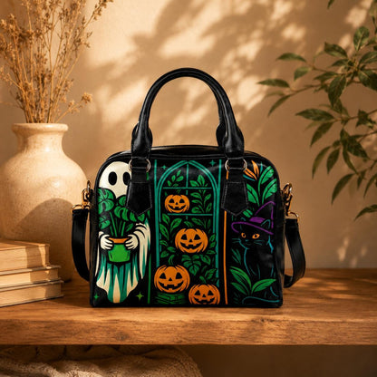 Halloween Satchel Purse, Ghost Plant Bag, Pumpkin Cat Witch Handbag