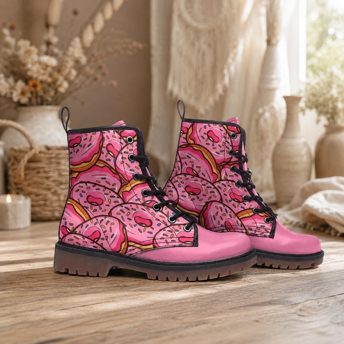 Donut Combat Boots Pink Lace Up Shoes, Sprinkle Print Ankle Boots for Sweet Style