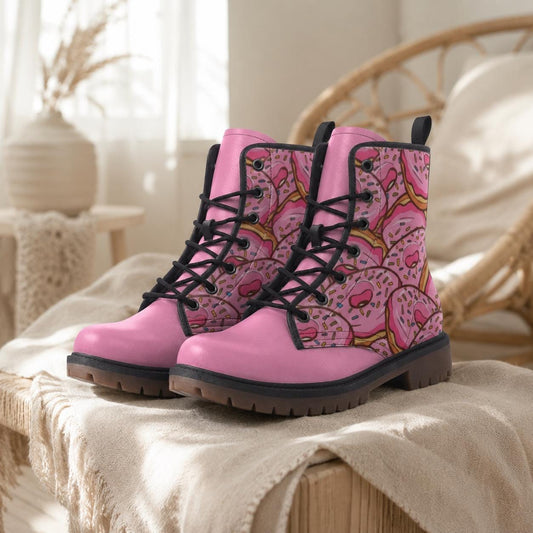 Donut Combat Boots Pink Lace Up Shoes, Sprinkle Print Ankle Boots for Sweet Style