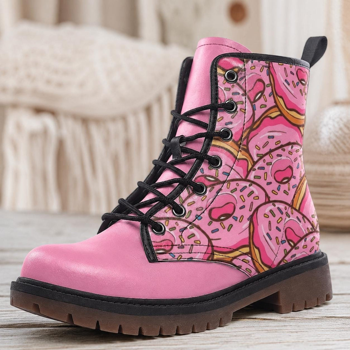 Donut Combat Boots Pink Lace Up Shoes, Sprinkle Print Ankle Boots for Sweet Style
