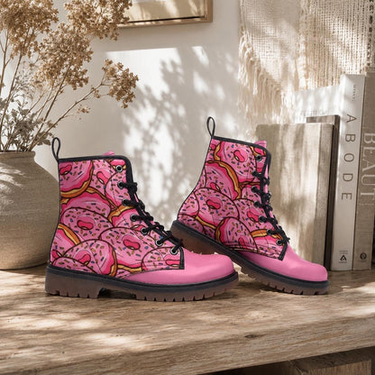 Donut Combat Boots Pink Lace Up Shoes, Sprinkle Print Ankle Boots for Sweet Style