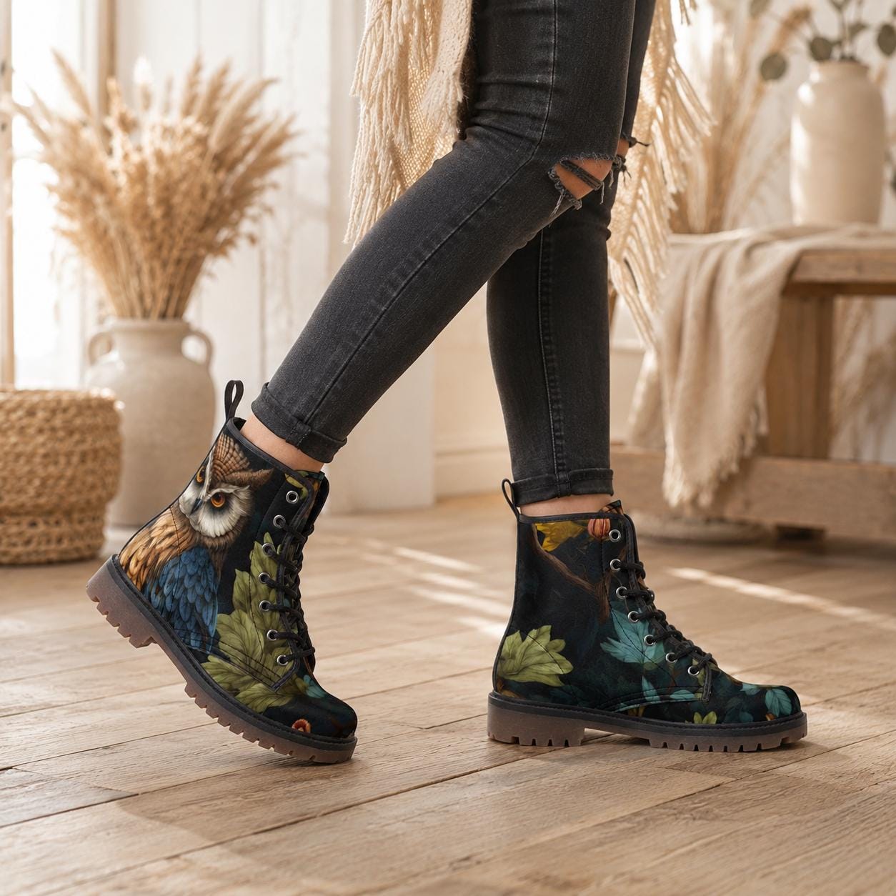 Enchanted owl combat boots, woodland night lace up shoes, mystical bird print footwear