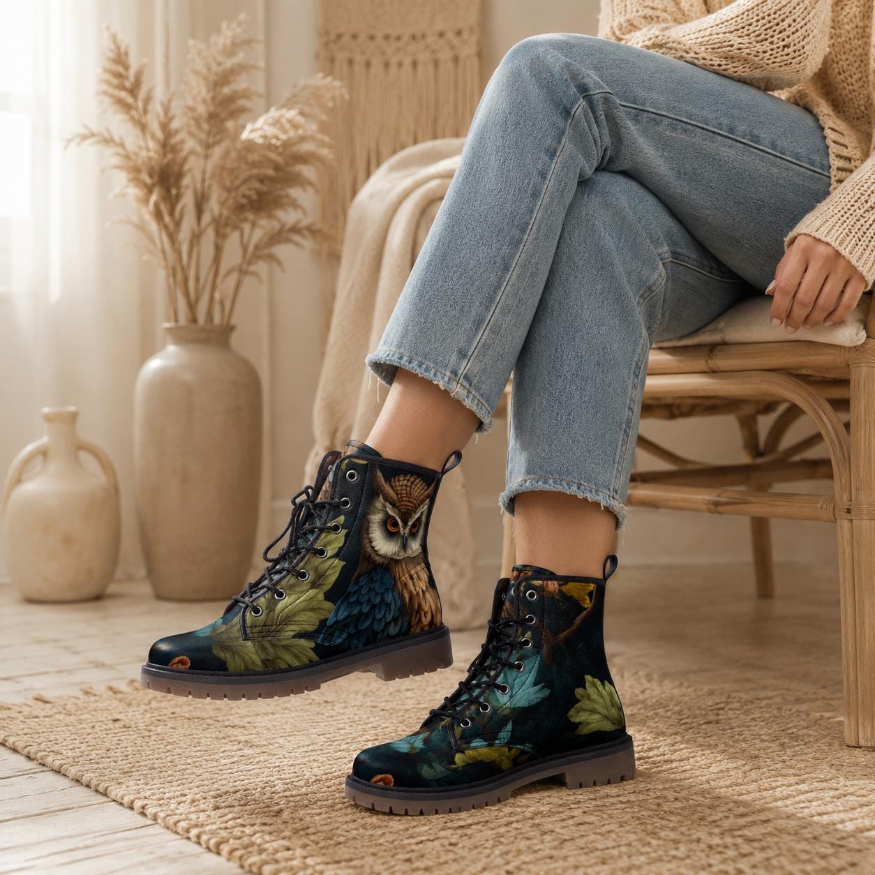 Enchanted owl combat boots, woodland night lace up shoes, mystical bird print footwear