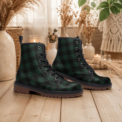 Dark Green Plaid Combat Boots, Vegan Leather Gingham Platform Shoes, Fall Gothic Style