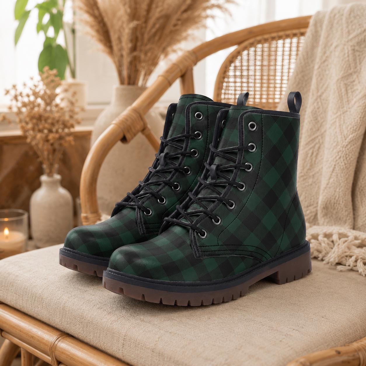 Dark Green Plaid Combat Boots, Vegan Leather Gingham Platform Shoes, Fall Gothic Style