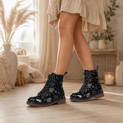 Goth Combat Boots with Occult Print, Witchy Lace Up Ankle Boots, Alternative Festival Shoes