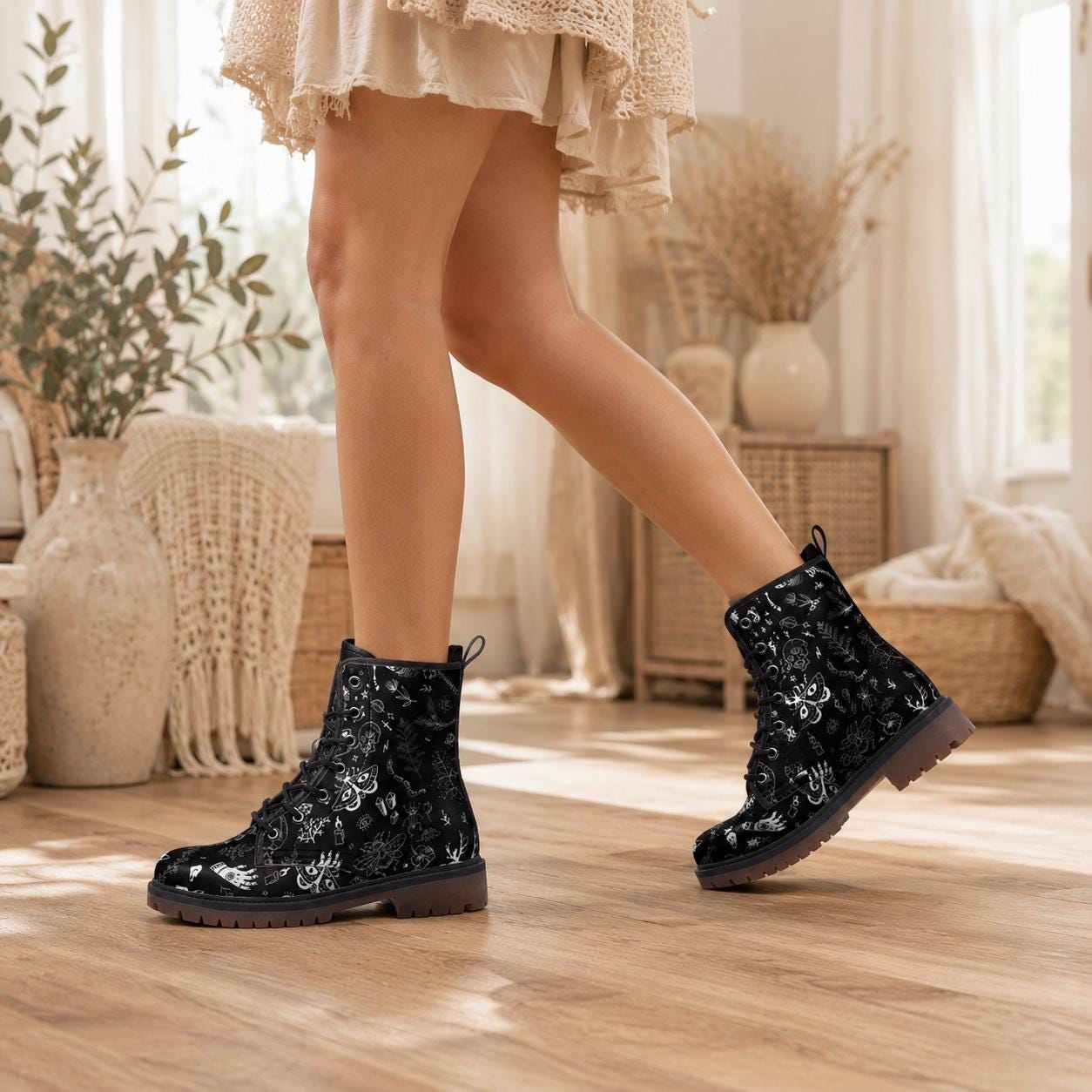 Goth Combat Boots with Occult Print, Witchy Lace Up Ankle Boots, Alternative Festival Shoes