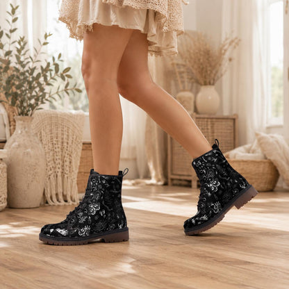 Goth Combat Boots with Occult Print, Witchy Lace Up Ankle Boots, Alternative Festival Shoes