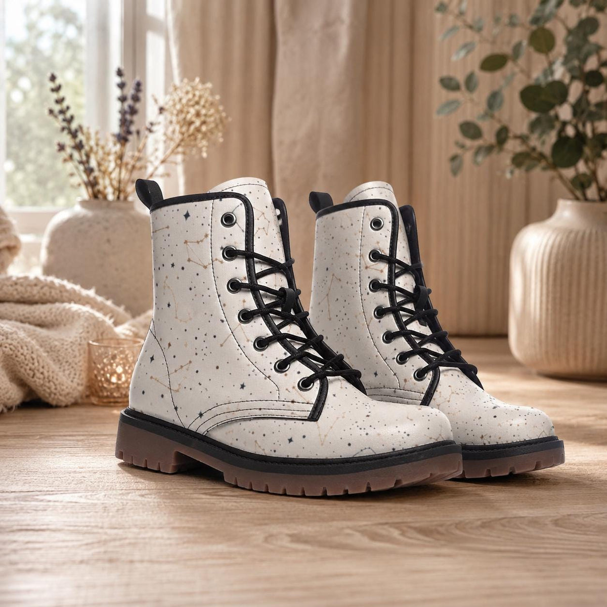 Celestial Combat Boots White Constellation Lace Up Astrology Grunge Footwear