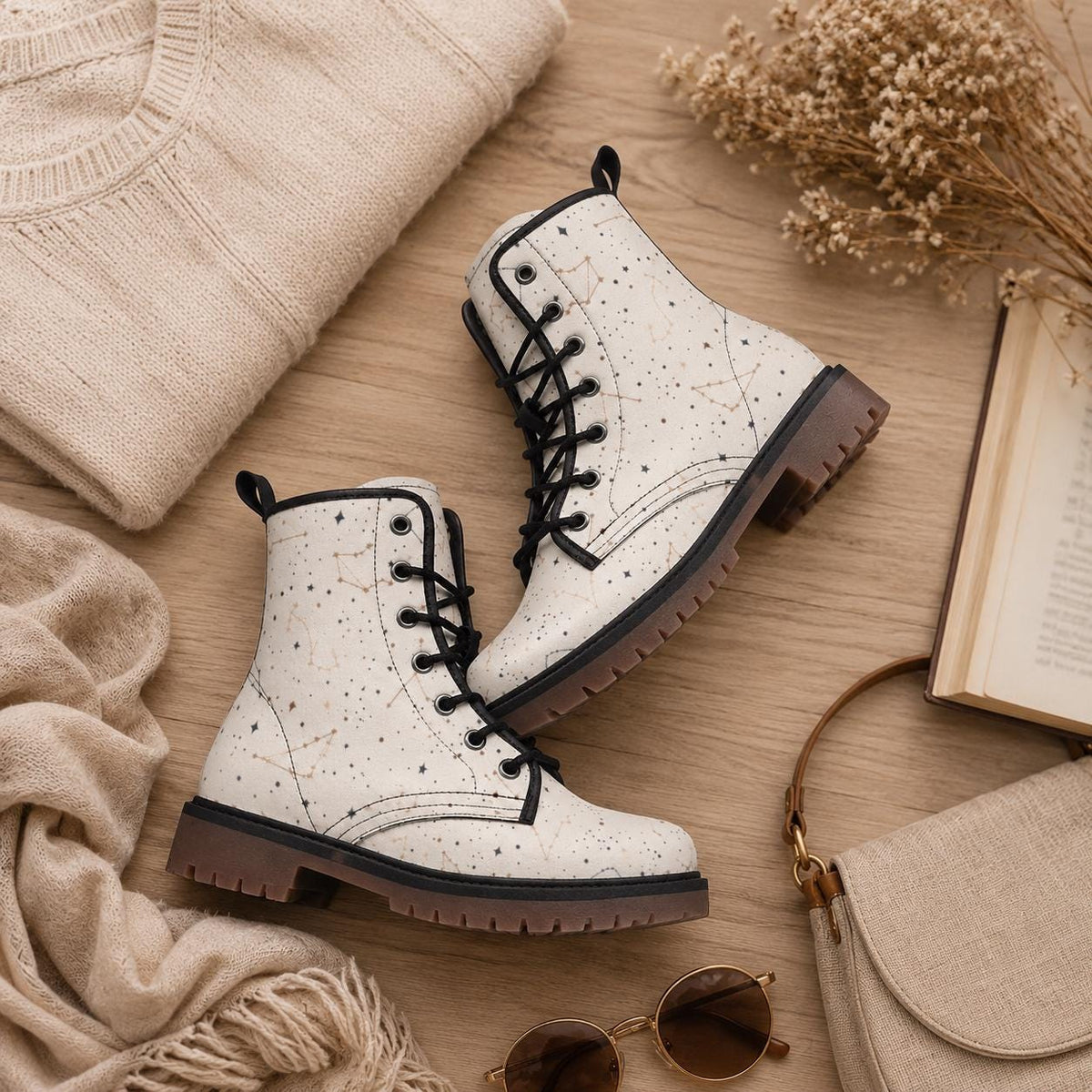 Celestial Combat Boots White Constellation Lace Up Astrology Grunge Footwear