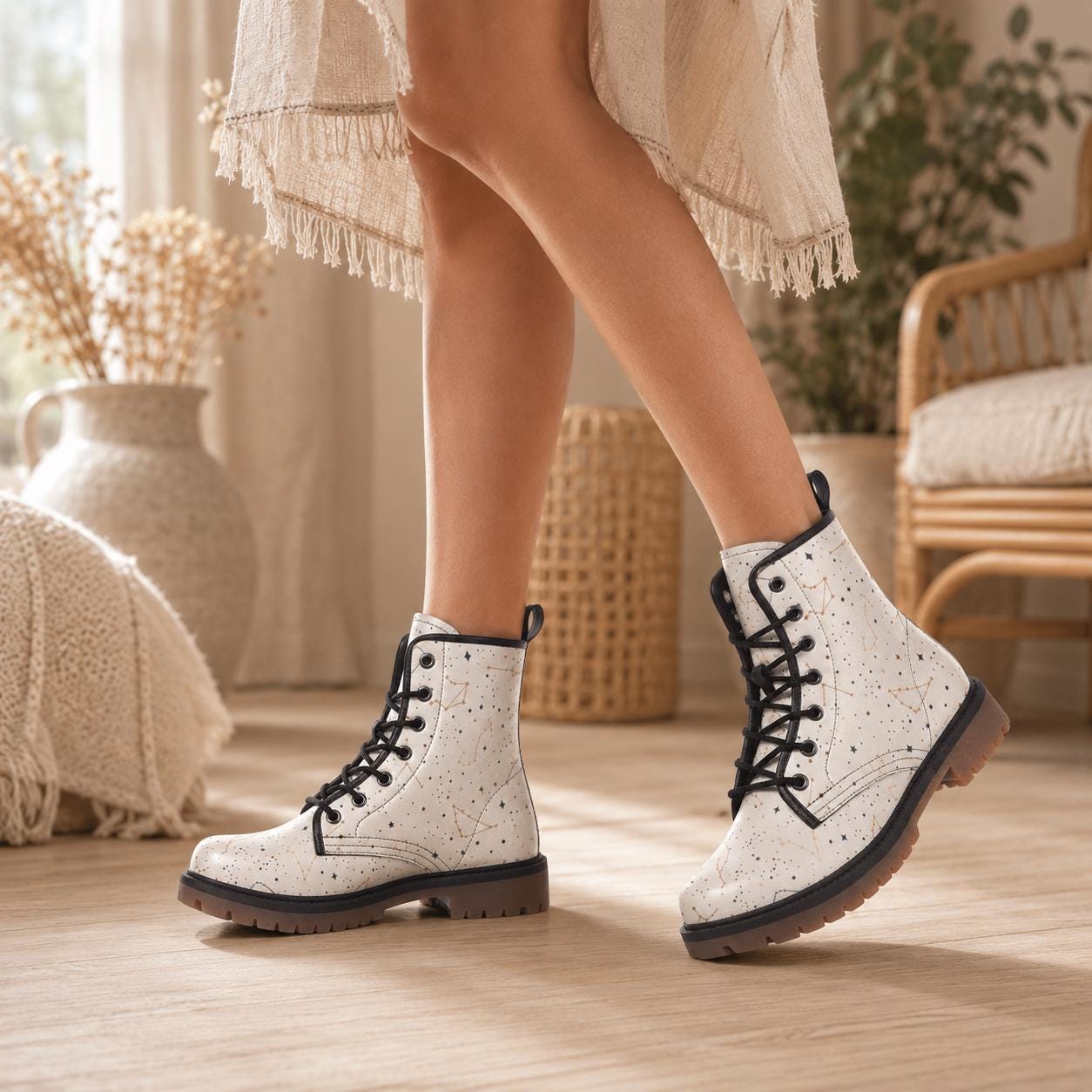 Celestial Combat Boots White Constellation Lace Up Astrology Grunge Footwear