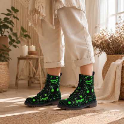Neon Cat Combat Boots, Rave Festival Cyber Lace-Up Shoes, Glow Dark Alternative Footwear