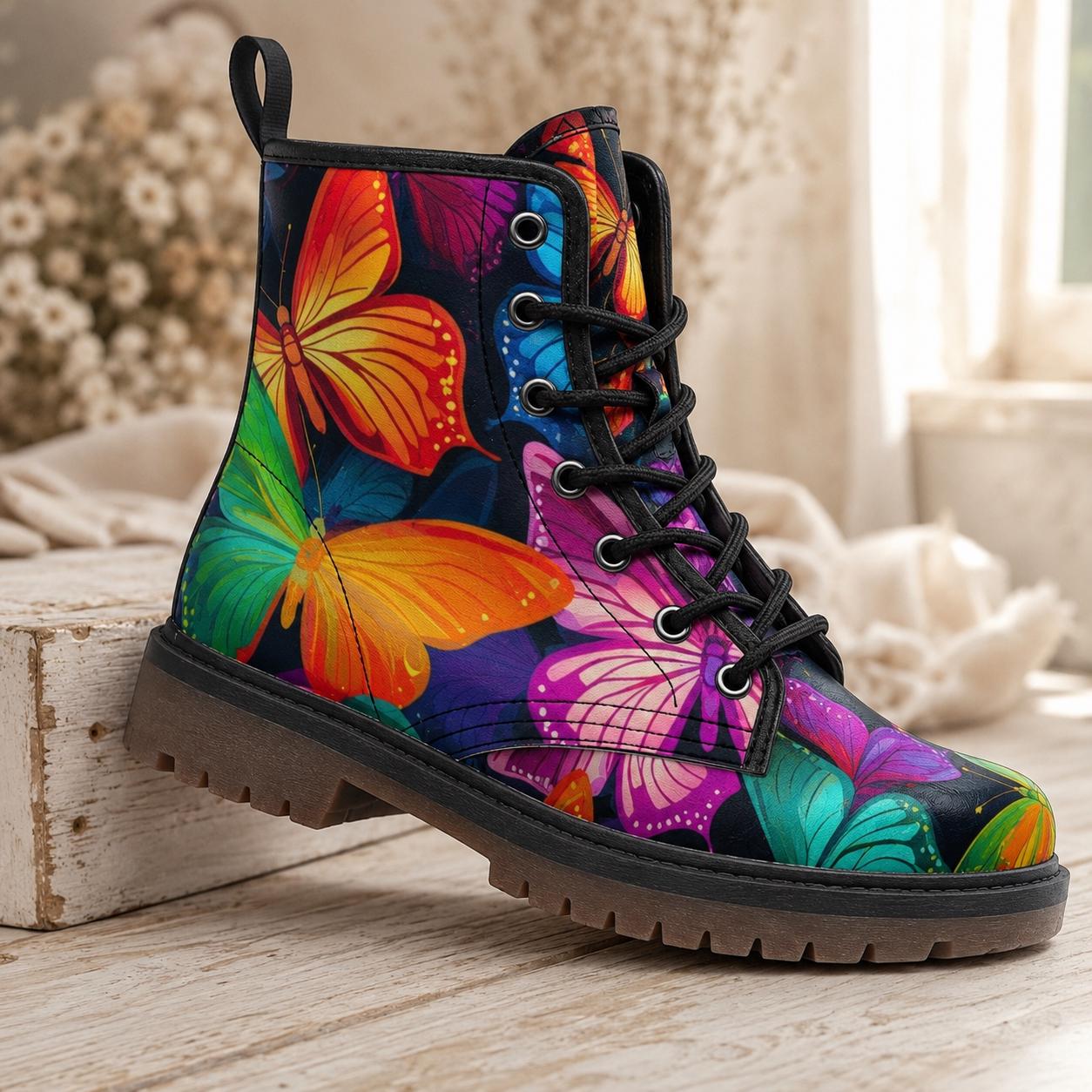 Butterfly Combat Boots, Rainbow Lace Up Ankle Boots, Colorful Statement Shoes for Women