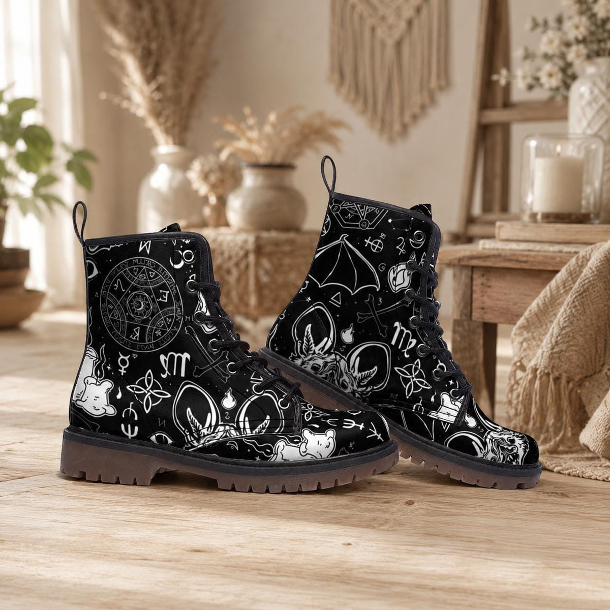 Occult Goth Boots Black Zodiac Lace Up Witchcore Tarot Style Ankle Footwear