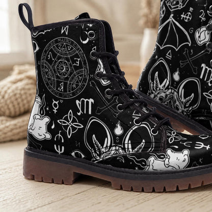 Occult Goth Boots Black Zodiac Lace Up Witchcore Tarot Style Ankle Footwear