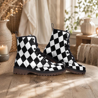 Black white diamond boots, monochrome punk lace up, alt harlequin goth shoes, checkered rave boots, emo festival shoes, punk checker boots