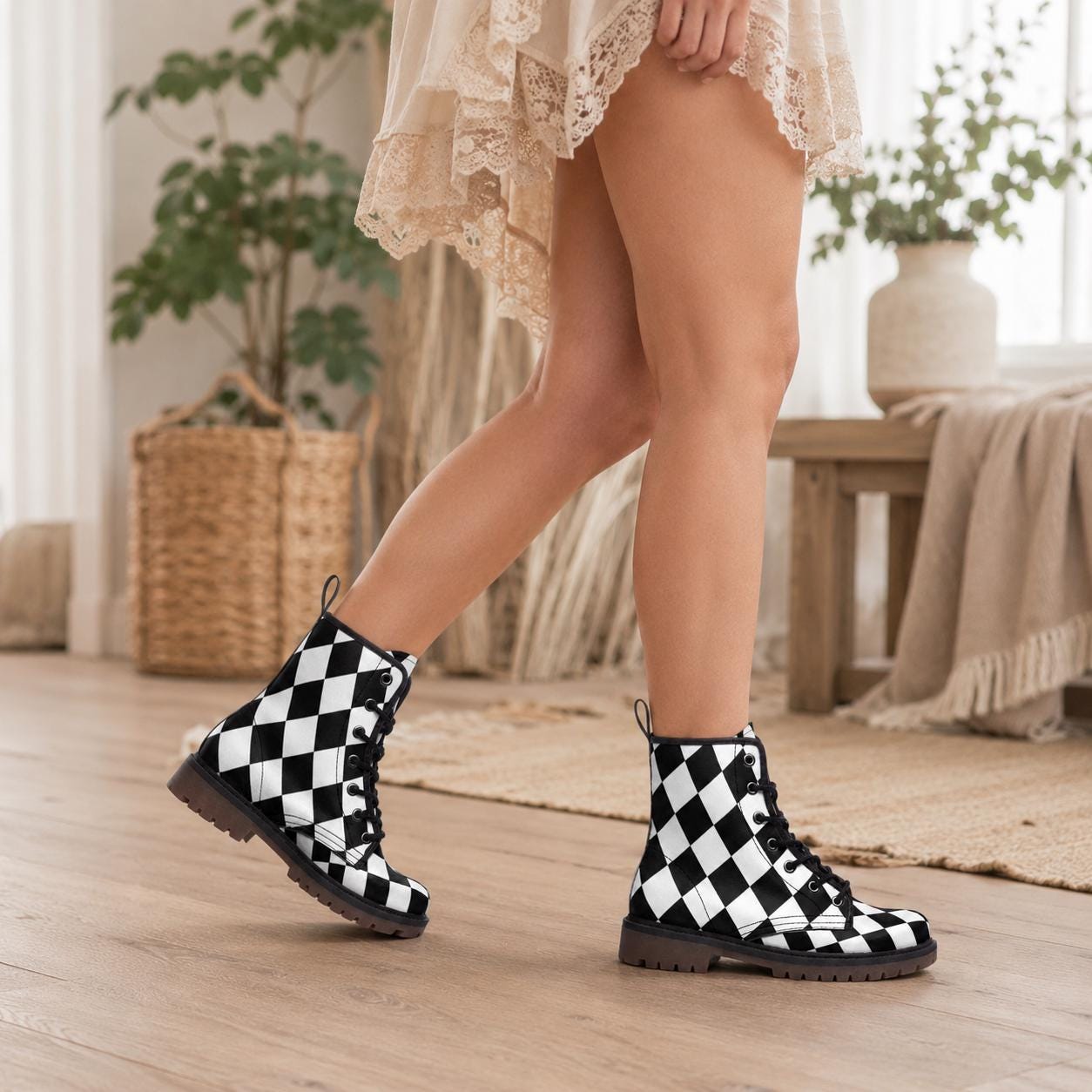 Black white diamond boots, monochrome punk lace up, alt harlequin goth shoes, checkered rave boots, emo festival shoes, punk checker boots