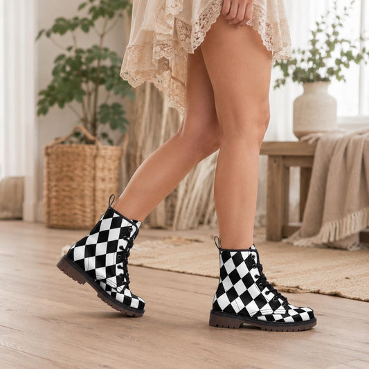 Black white diamond boots, monochrome punk lace up, alt harlequin goth shoes, checkered rave boots, emo festival shoes, punk checker boots