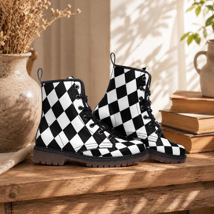Black white diamond boots, monochrome punk lace up, alt harlequin goth shoes, checkered rave boots, emo festival shoes, punk checker boots