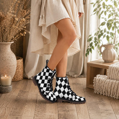 Black white diamond boots, monochrome punk lace up, alt harlequin goth shoes, checkered rave boots, emo festival shoes, punk checker boots