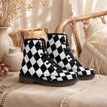 Black white diamond boots, monochrome punk lace up, alt harlequin goth shoes, checkered rave boots, emo festival shoes, punk checker boots