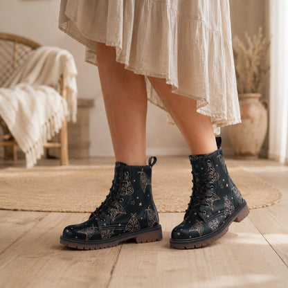 Line Art Moth Boots, Celestial Insect Lace Up Shoes, Mystical Starry Pattern Footwear