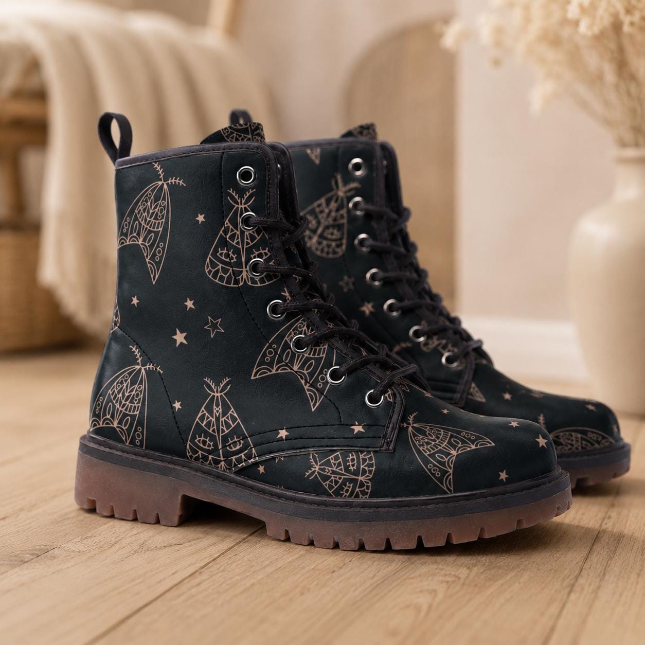 Line Art Moth Boots, Celestial Insect Lace Up Shoes, Mystical Starry Pattern Footwear