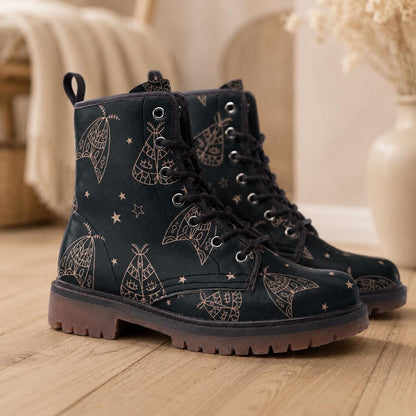 Line Art Moth Boots, Celestial Insect Lace Up Shoes, Mystical Starry Pattern Footwear