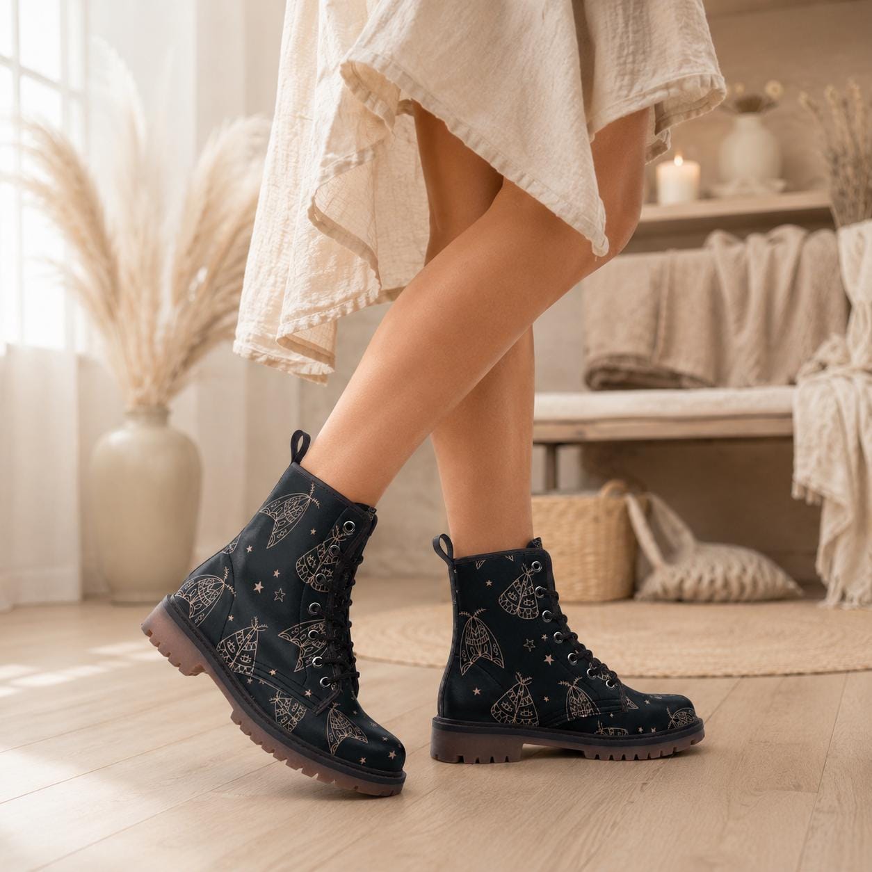 Line Art Moth Boots, Celestial Insect Lace Up Shoes, Mystical Starry Pattern Footwear
