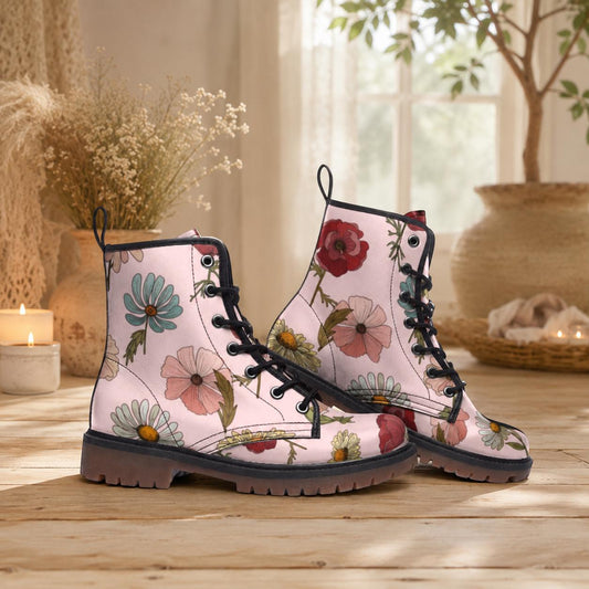Pastel Floral Combat Boots, Fairycore Shoes, Vegan Leather Botanical Footwear, Cottagecore Festival Boots
