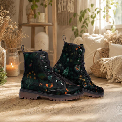 Botanical Forest Combat Boots, Fairycore Vegan Leather Shoes, Gothic Floral Festival Footwear