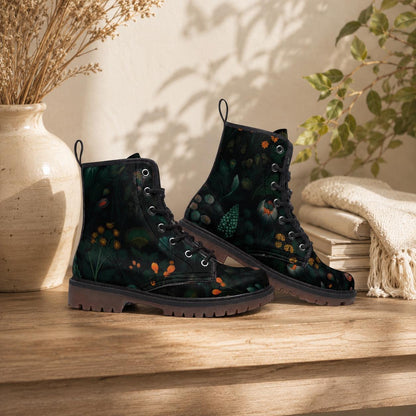 Botanical Forest Combat Boots, Fairycore Vegan Leather Shoes, Gothic Floral Festival Footwear