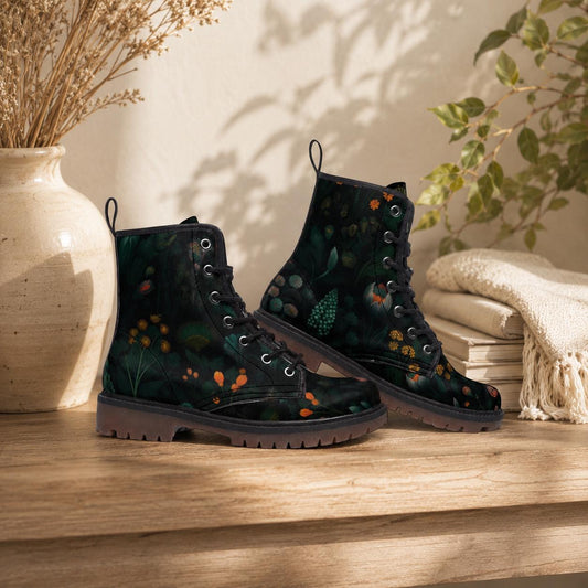 Botanical Forest Combat Boots, Fairycore Vegan Leather Shoes, Gothic Floral Festival Footwear