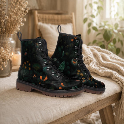 Botanical Forest Combat Boots, Fairycore Vegan Leather Shoes, Gothic Floral Festival Footwear