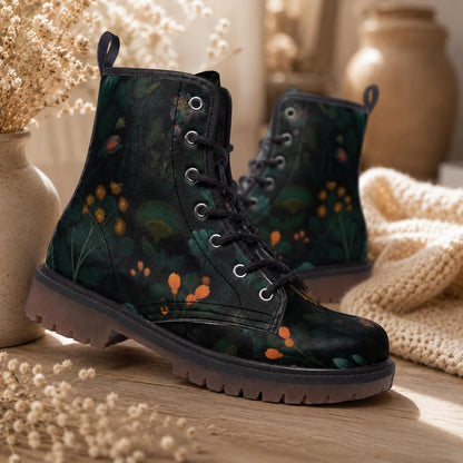 Botanical Forest Combat Boots, Fairycore Vegan Leather Shoes, Gothic Floral Festival Footwear