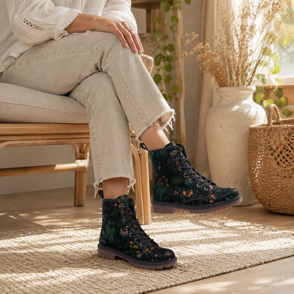 Botanical Forest Combat Boots, Fairycore Vegan Leather Shoes, Gothic Floral Festival Footwear