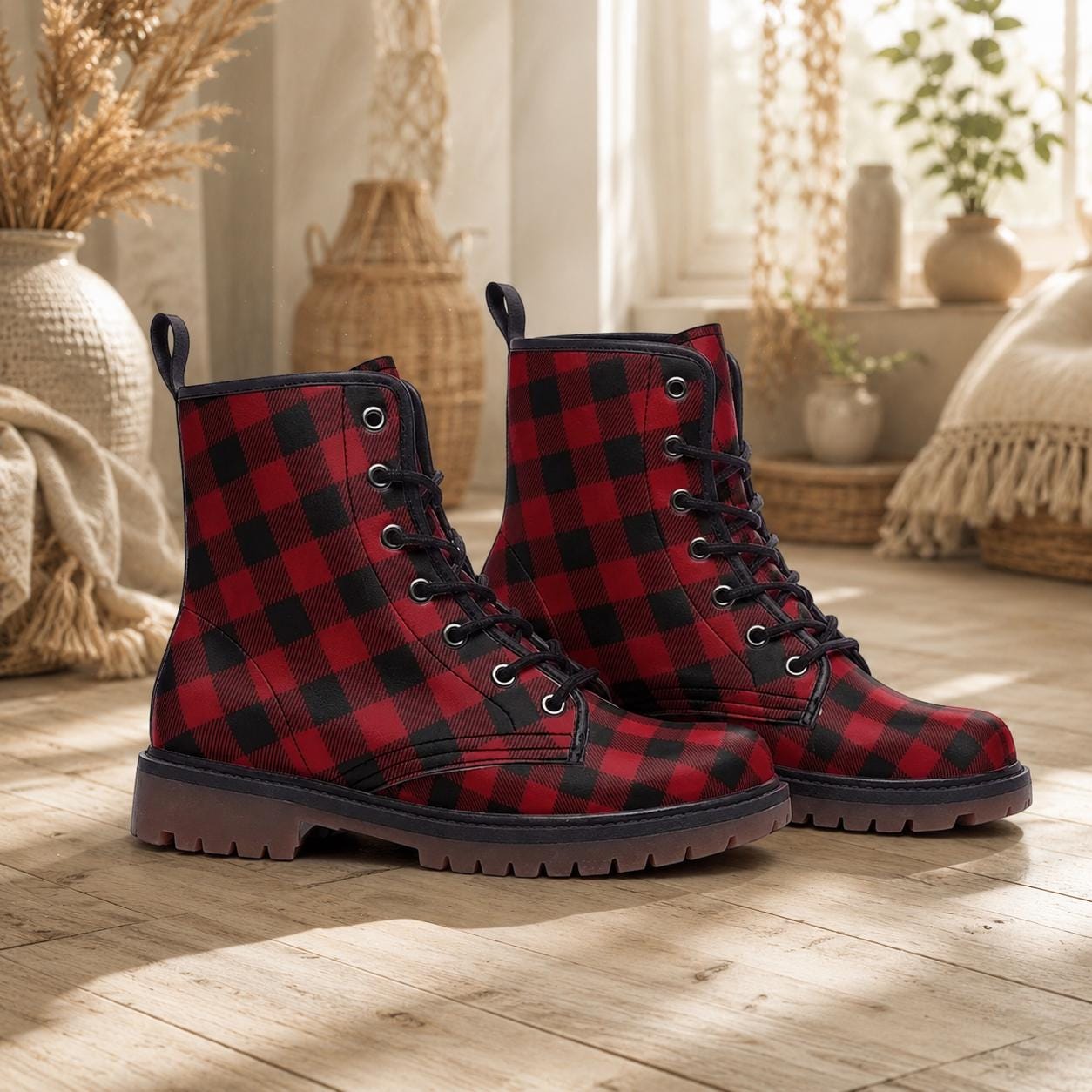 Buffalo Plaid Combat Boots, Red Black Grunge Lace Up Boots, Rustic Fall Statement Shoes